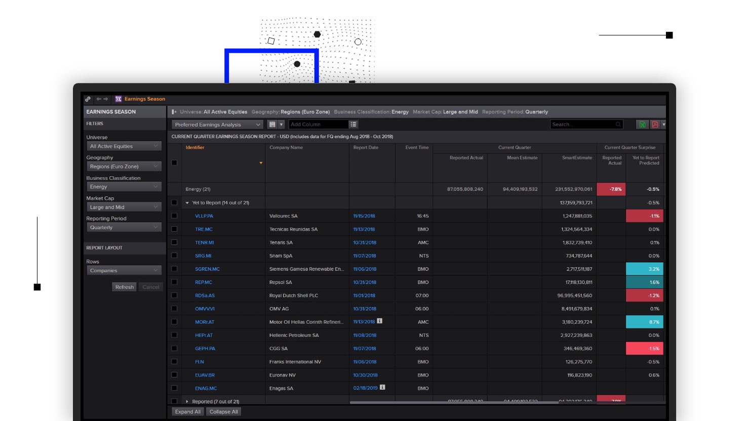 Screenshot of the Earnings season Eikon app