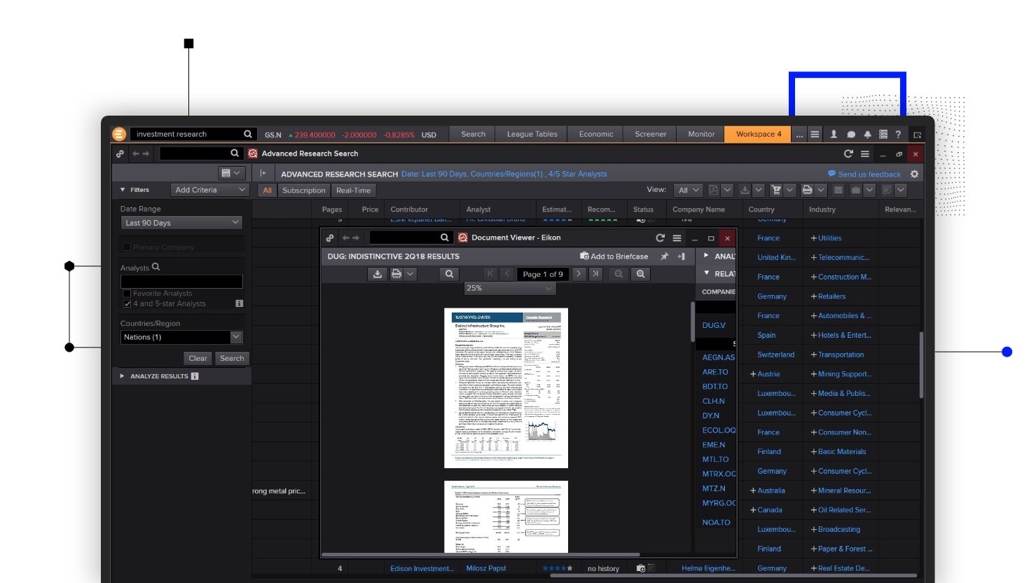 Screenshot of the advanced Research Search app in Eikon