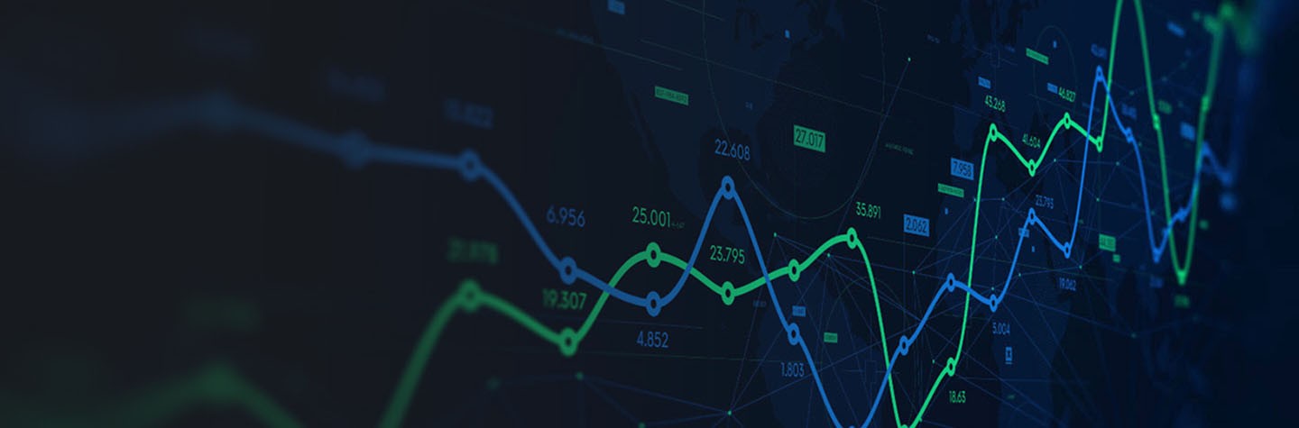 Blue and green lines of data with numbers against a dark background