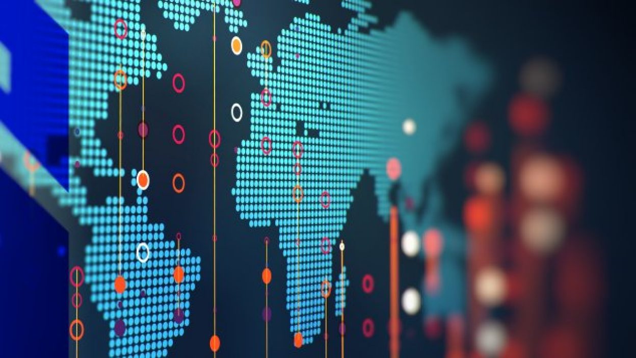 a digitized image of a global map. Everything is blurred bar the western hemisphere