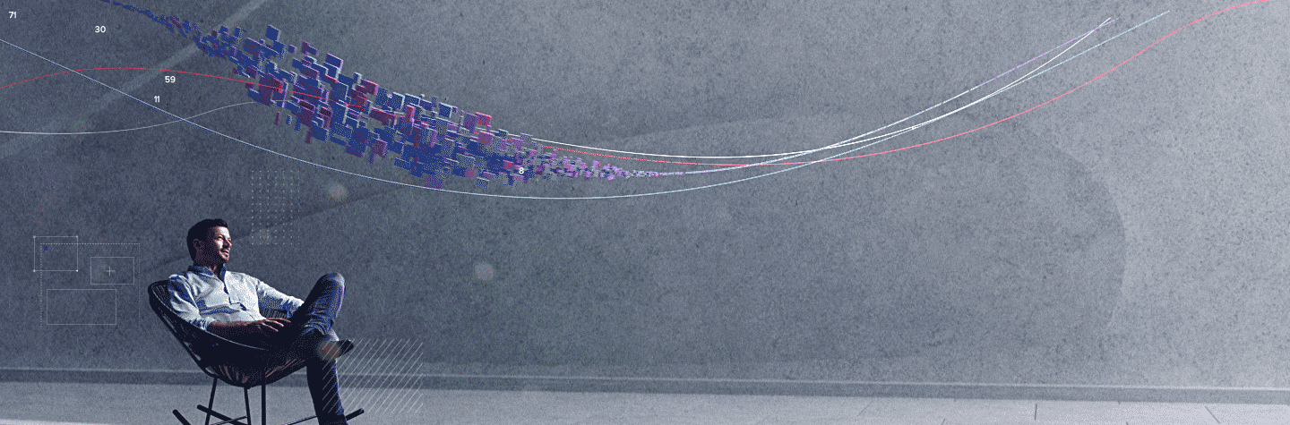 Customised graphic with chart lines and data symbols flowing around professional worker