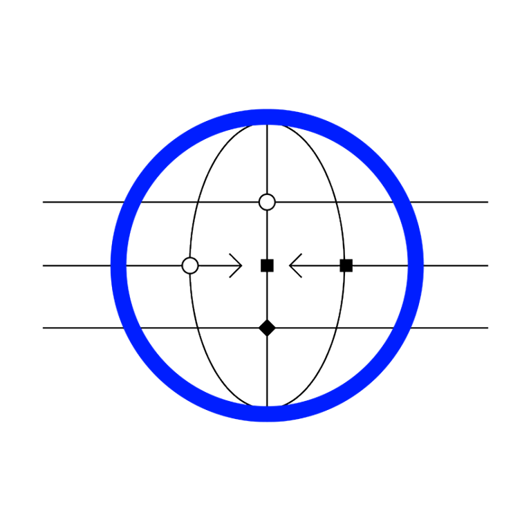 Graphic showing a blue circle with black arrows and shapes